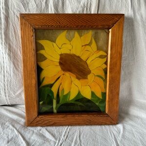 Vintage Sunflower Stained Glass Art In Wood Frame Rustic Farmhouse Decor